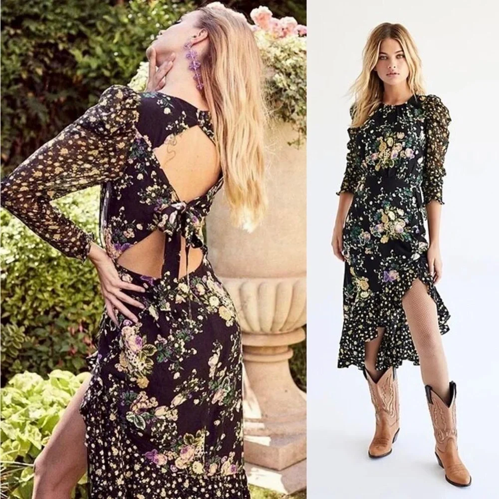 FOR LOVE & LEMONS Floral Long Sleeve Cutout Tie Back Ruched Ruffle Midi Dress XS